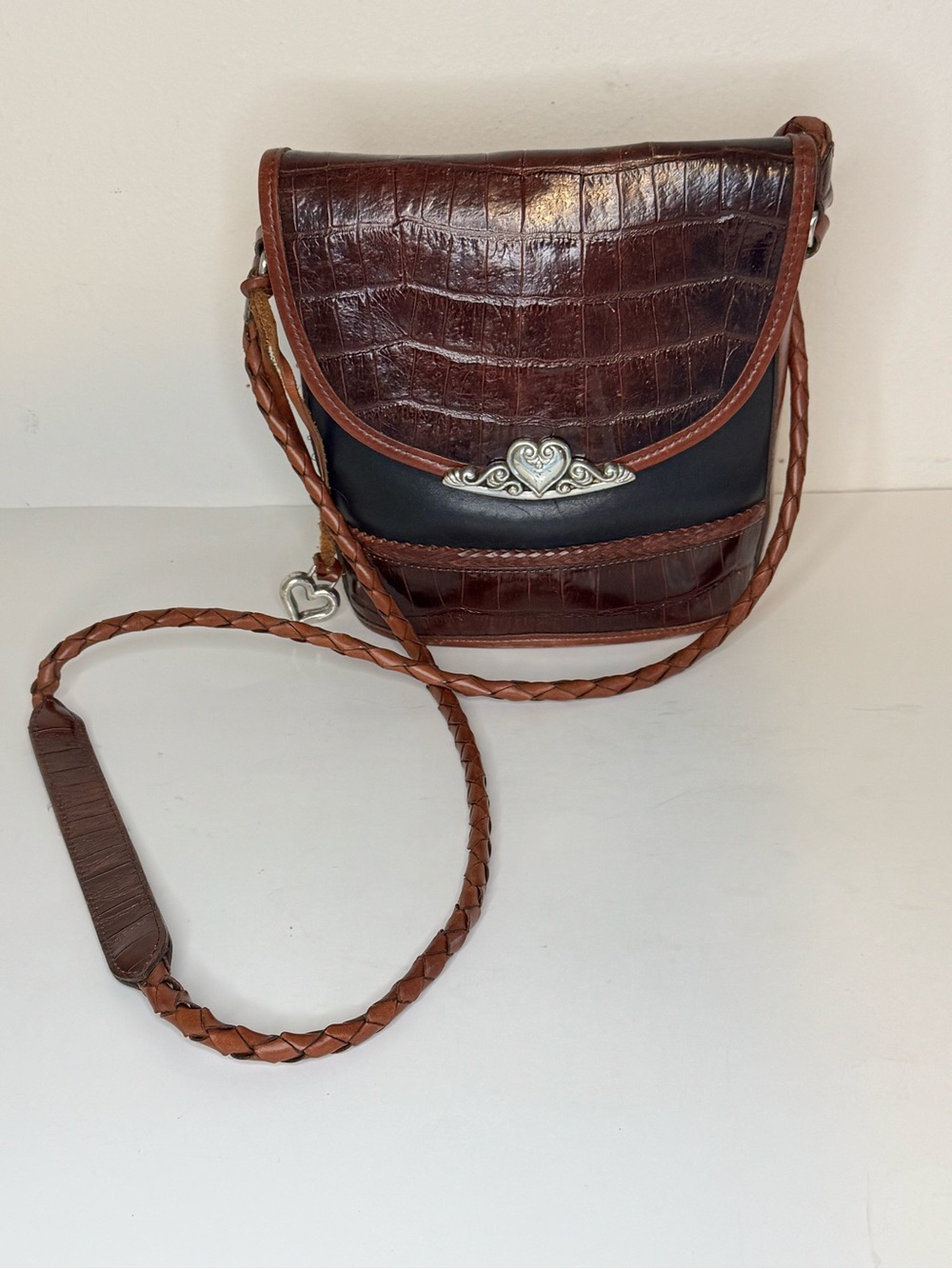 Vintage Brighton Leather Croc-Embossed Crossbody Bucket Bag Braided Strap